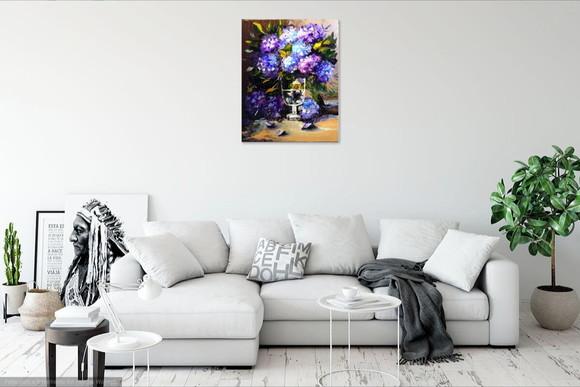 Quadro para Sala e Quarto Hortênsias Azuis Presente de Natal
