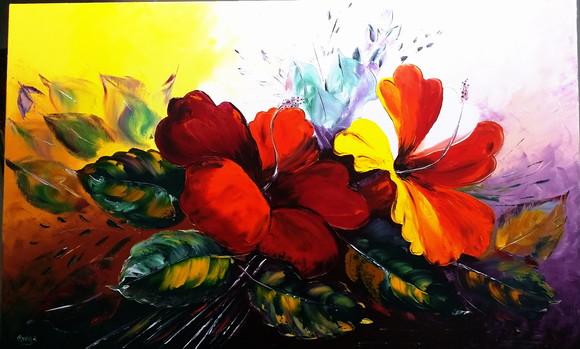 Quadro para Sala e Quarto Pintura Tela Hibiscus Black Friday
