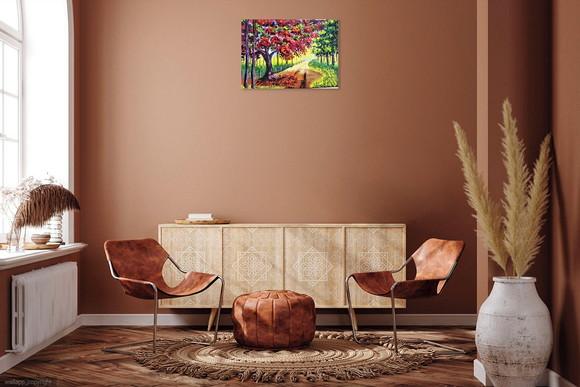 Quadro para Sala Pintura em Tela Paisagem Caminho Flamboyant