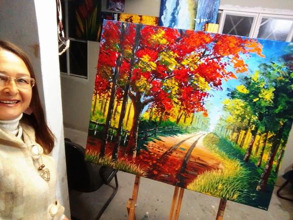 Quadro para Sala Pintura em Tela Paisagem Caminho Flamboyant