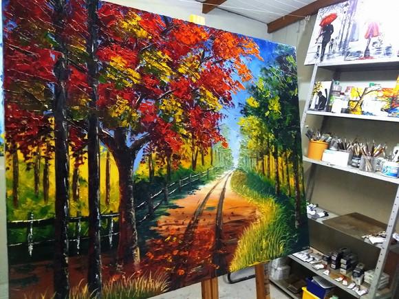 Quadro para Sala Pintura em Tela Paisagem Caminho Flamboyant