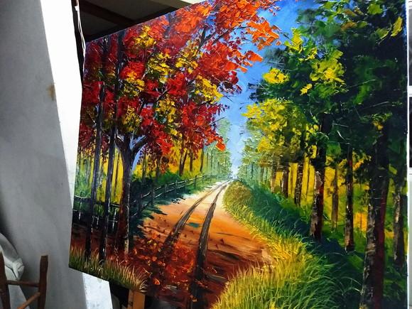 Quadro para Sala Pintura em Tela Paisagem Caminho Flamboyant