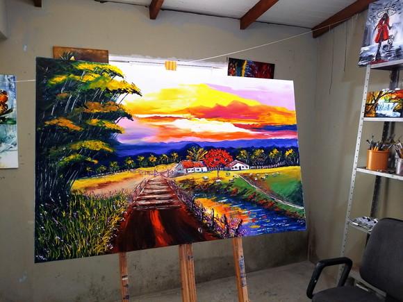 Quadro para Sala Pintura em Tela Paisagem Gado no Pasto