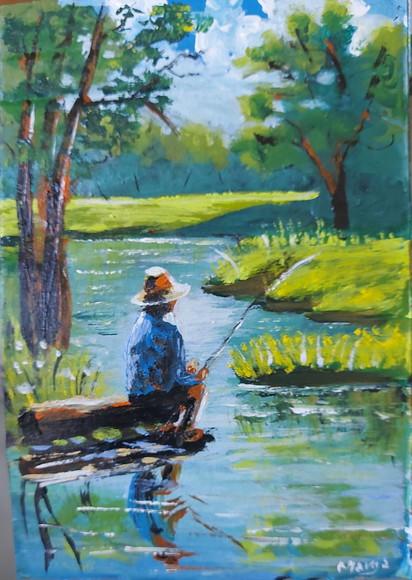 Quadro para Sala Pintura em Tela Paisagem Riacho Pescador