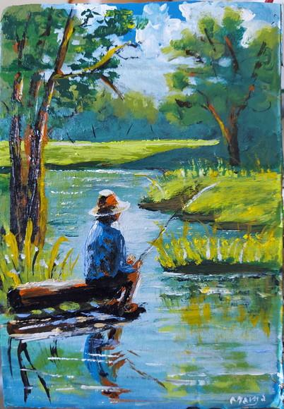 Quadro para Sala Pintura em Tela Paisagem Riacho Pescador