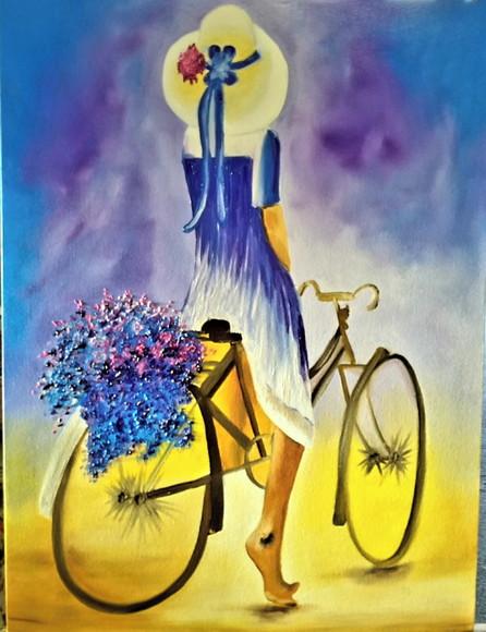 Quadro para Sala Pintura Tela Mulher Bike Black Friday
