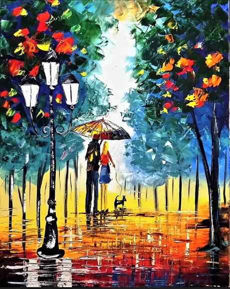 Quadro para Sala Pintura Tela Paisagem Moderno Casal com Cão
