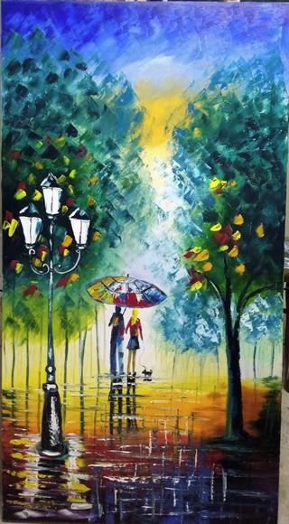 Quadro para Sala Pintura Tela Paisagem Moderno Casal com Cão
