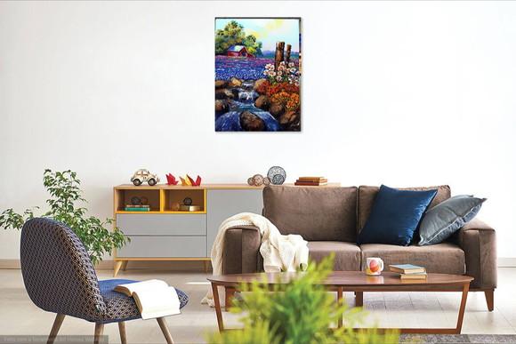 Quadro para Sala Pintura Tela Paisagem Campo de Flores Azuis