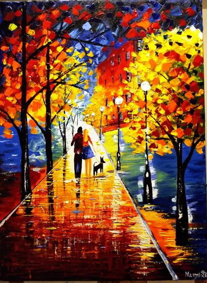 Quadro para Sala Pintura Tela Paisagem Moderno Casal com Dog