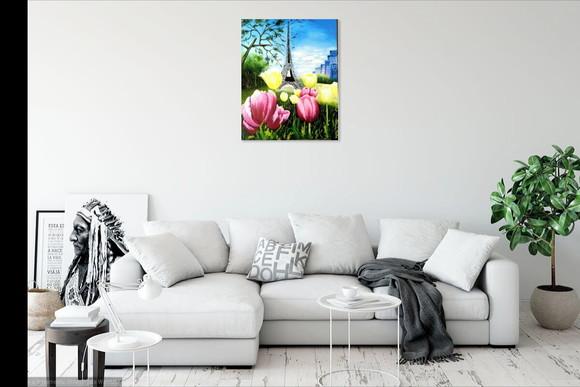 Quadro para Sala Pintura Tela Paisagem Tulípas Torre Eiffel
