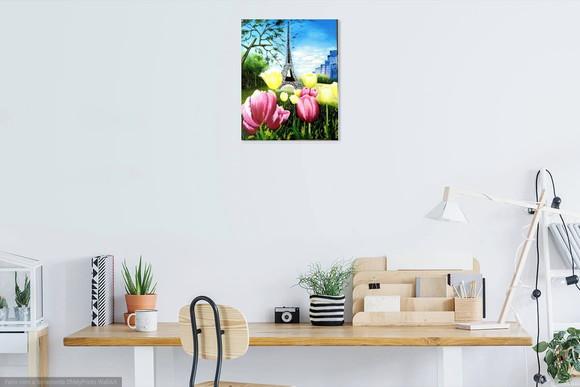 Quadro para Sala Pintura Tela Paisagem Tulípas Torre Eiffel