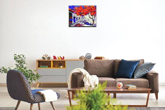 Quadro para Sala Pintura Tela Paisagem Urbana Flamboyant