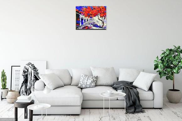 Quadro para Sala Pintura Tela Paisagem Urbana Flamboyant