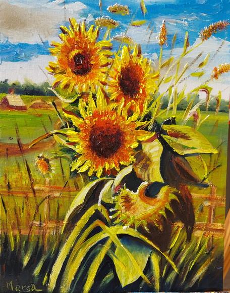 Quadro Pintado à Mão em Óleo Sobre Tela Girassóis
