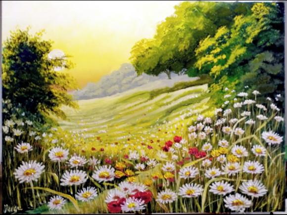 Quadro Pintura Amanhecer Campo de Margaridas Black Friday