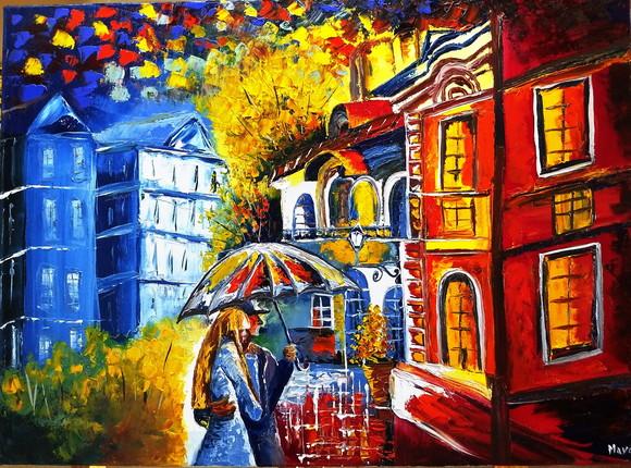 Quadro Pintura Casal Debaixo do Guarda Chuvas Black Friday
