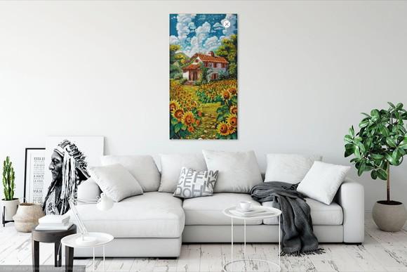 Quadro Pintura em Tela Paisagem Casa Campo de Girassóis