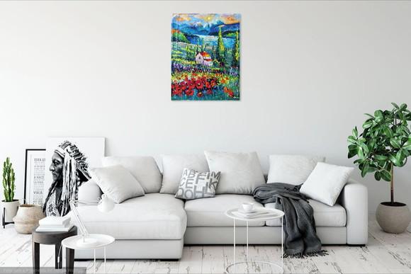 Quadro Pintura em Tela Paisagem Campo de Flores Vermelhas
