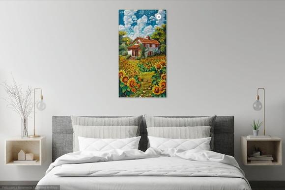 Quadro Pintura em Tela Paisagem Casa Campo de Girassóis