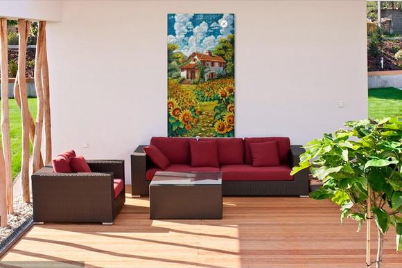 Quadro Pintura em Tela Paisagem Casa Campo de Girassóis