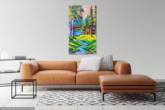 Quadro Pintura em Tela Paisagem Casa de Campo Bétulas