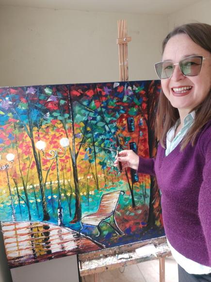 Quadro Pintura em Tela Paisagem Familia Passeando no Parque