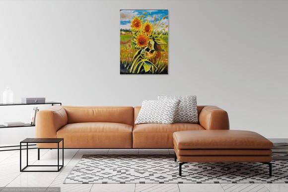 Quadro Pintura em Tela Paisagem Floral Girassóis no Campo