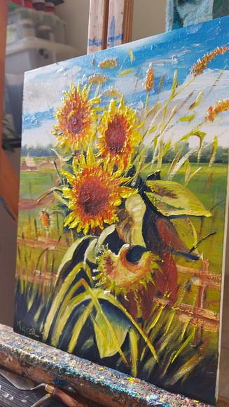 Quadro Pintura em Tela Paisagem Floral Girassóis no Campo