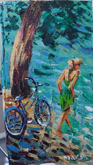 Quadro Pintura em Tela Paisagem Mar Bicicleta Mulher Praia