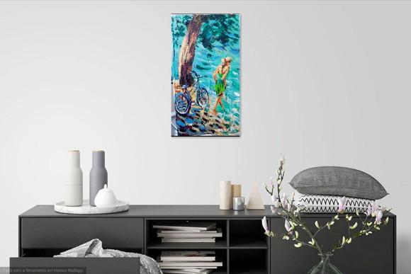 Quadro Pintura em Tela Paisagem Mar Bicicleta Mulher Praia