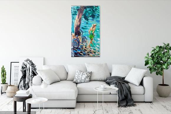 Quadro Pintura em Tela Paisagem Mar Bicicleta Mulher Praia