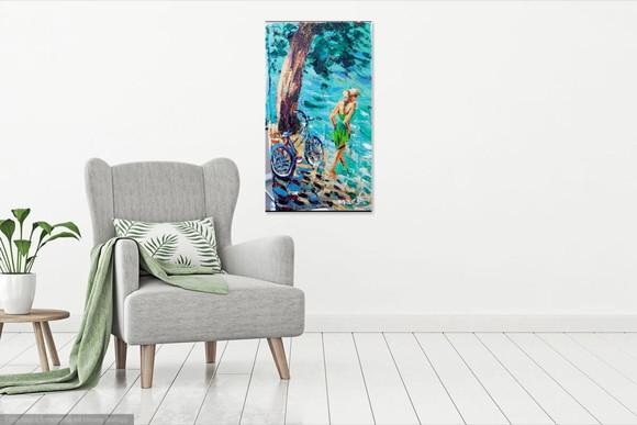 Quadro Pintura em Tela Paisagem Mar Bicicleta Mulher Praia