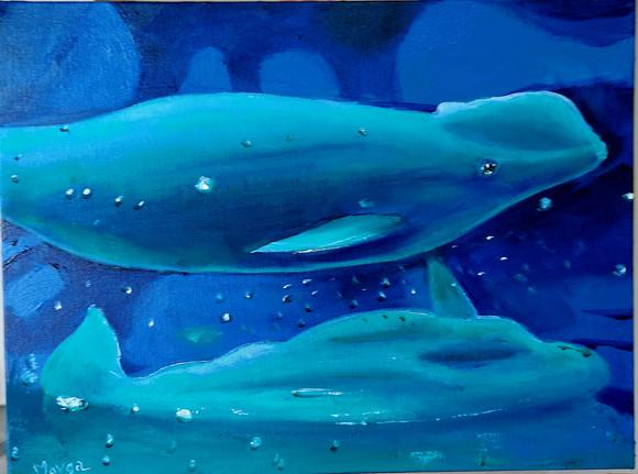 Quadro Pintura em Tela Paisagem Marina Golfinhos Peixes Mar