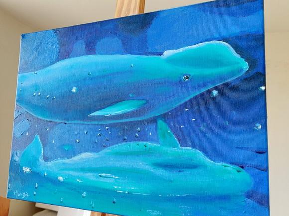 Quadro Pintura em Tela Paisagem Marina Golfinhos Peixes Mar