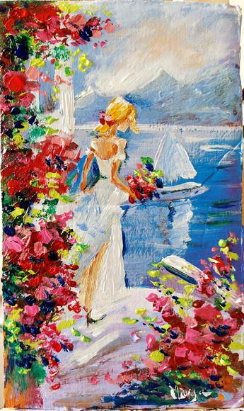 Quadro Pintura em Tela Paisagem Marina Mulher Casa de Praia