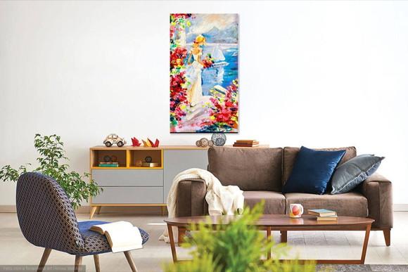Quadro Pintura em Tela Paisagem Marina Mulher Casa de Praia