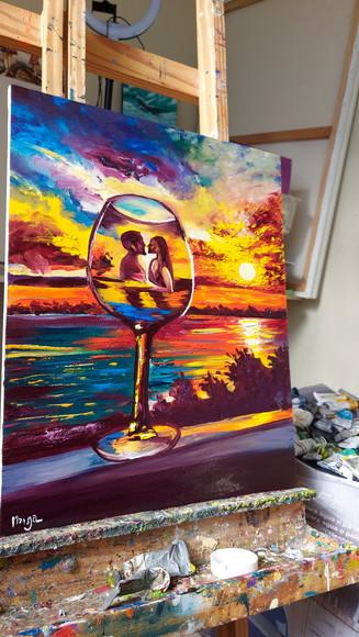 Quadro Pintura em Tela Paisagem Marina Por do Sol Vinho