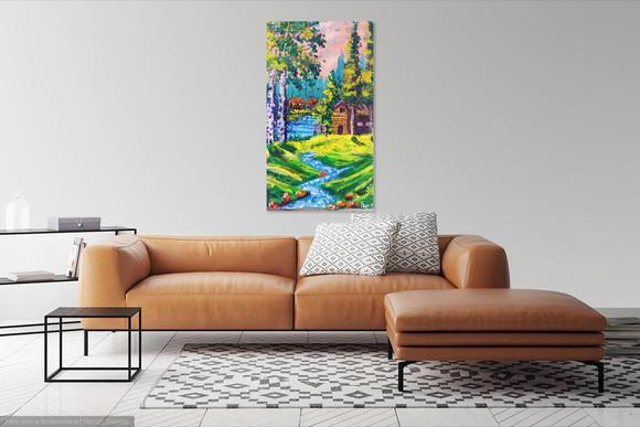 Quadro Pintura em Tela Paisagem Rural Montanhas Bétulas