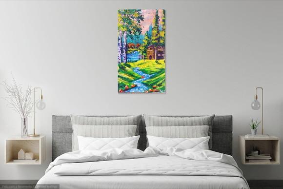 Quadro Pintura em Tela Paisagem Rural Montanhas Bétulas