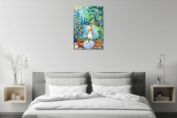 Quadro Pintura em Tela Paisagem Varanda Mulher Casa de Praia