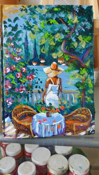 Quadro Pintura em Tela Paisagem Varanda Mulher Casa de Praia