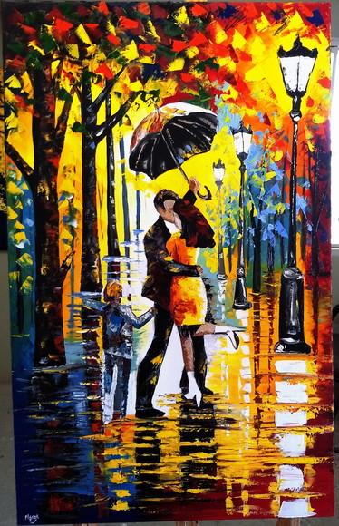 Quadro Pintura em Tela Urbana Dançando na Chuva Black Friday