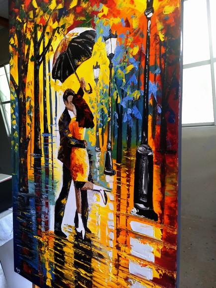 Quadro Pintura em Tela Urbana Dançando na Chuva Black Friday