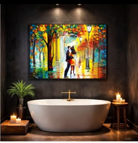 Quadro Pintura Moderno Casal Dançando na Chuva Black Friday