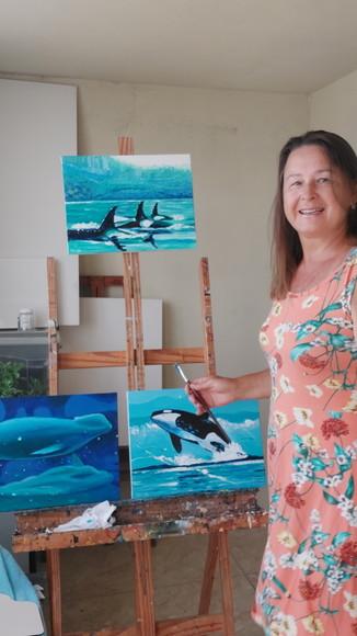 Quadro Pintura Tela Marina Baleias Nadando no Mar Peixe Fish