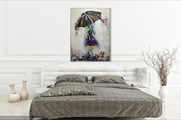 Quadro Pintura Tela Moderno Mulher com Cão Rain Black Friday