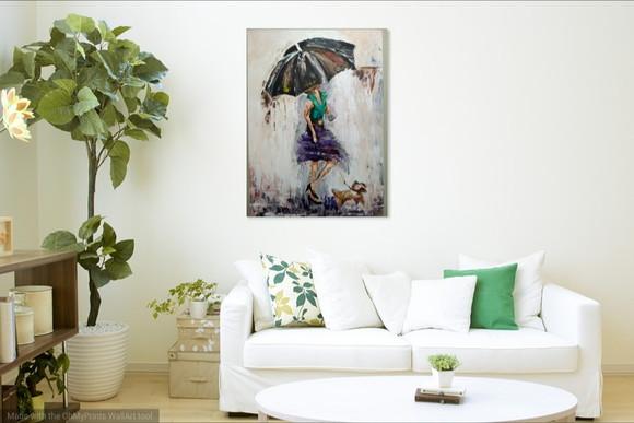 Quadro Pintura Tela Moderno Mulher com Cão Rain Black Friday