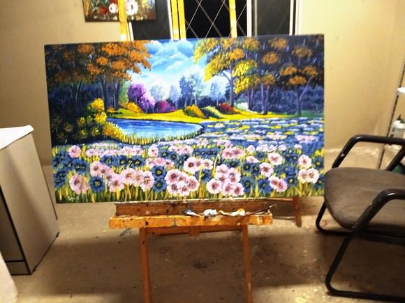 Quadro Pintura Tela Paisagem Campo Florido Presente de Natal