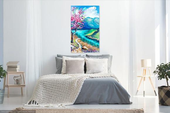 Quadro Pintura Tela Paisagem Campo Ipê Rosa ao Lado do Rio